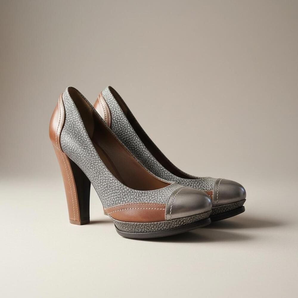 BCBG Max Azria All Leather Cap Toe Platform Pumps Neutral Quiet Luxury Heels 7.5